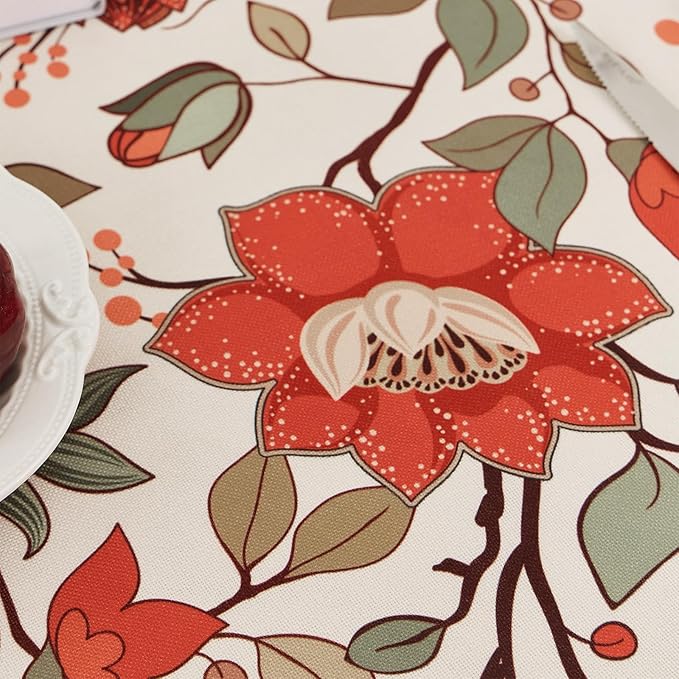 French Linen Rectangle Tablecloth 60''x 84'' - Vintage Floral Table Cloth, Waterproof Table Cover with Flowers and Leaves Pattern for Dining Kitchen Party Christmas