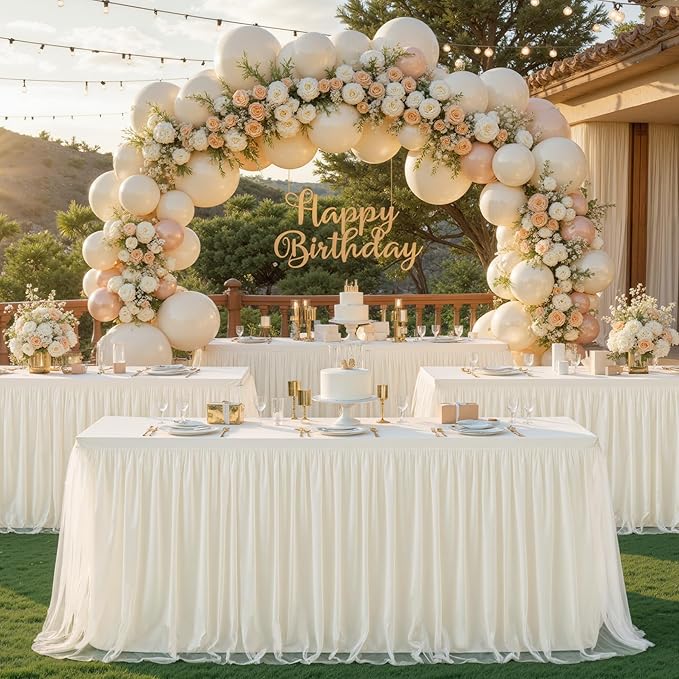 Suppromo Ivory Tulle Tablecloth for 4 Foot Rectangular Tables, 48 x 24 Inch White Rectangle Table Cloth, Wrinkle Free Table Cover with Tutu Skirt for Wedding Birthday Party Banquet Tablecover