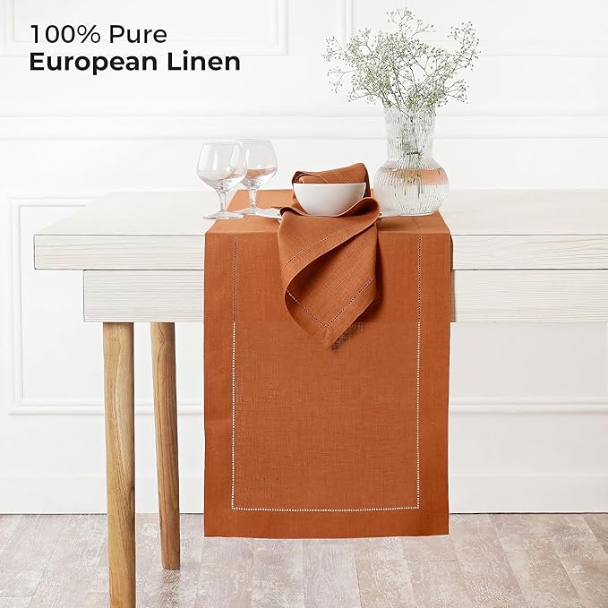 D'Moksha Homes Linen Rust Table Runner 120 Inches Long - 100% Pure Linen Hemstitch 14 x 120 Inch Table Runner for Dining and Spring, Easter - Classic Hemstitch