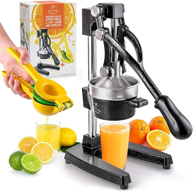 Zulay Kitchen Cast-Iron Orange Juice Squeezer - Heavy-Duty, Easy-to-Clean, Professional Citrus Juicer - Durable Stainless Steel Lemon Squeezer - Sturdy Manual Citrus Press & Orange Squeezer (Black)