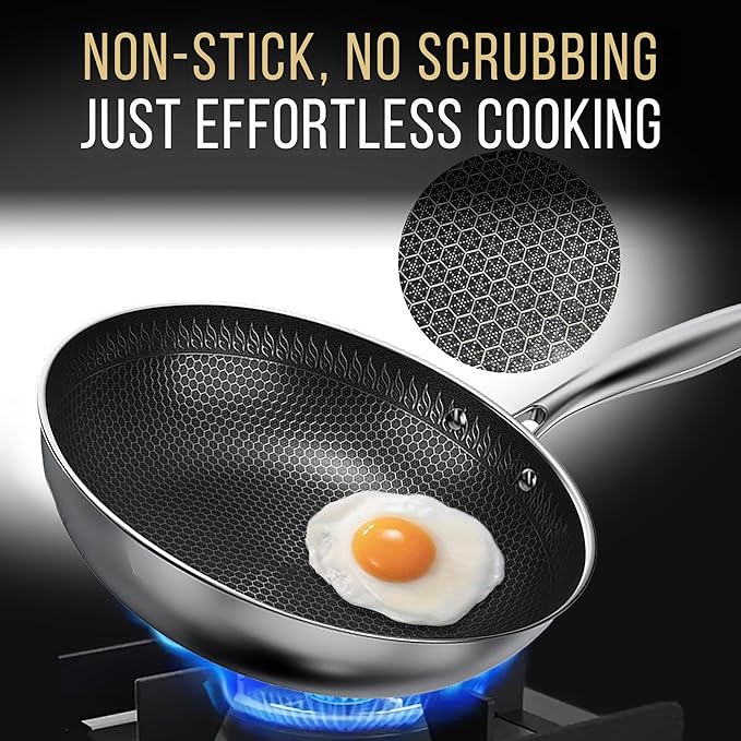 Woks & Stir-Fry Pans Nonstick 11" Stainless Steel Wok Pan with Lid | Tri-Ply Honeycomb Hybrid Stir Fry Pan | Induction & Oven Safe | Dishwasher Safe