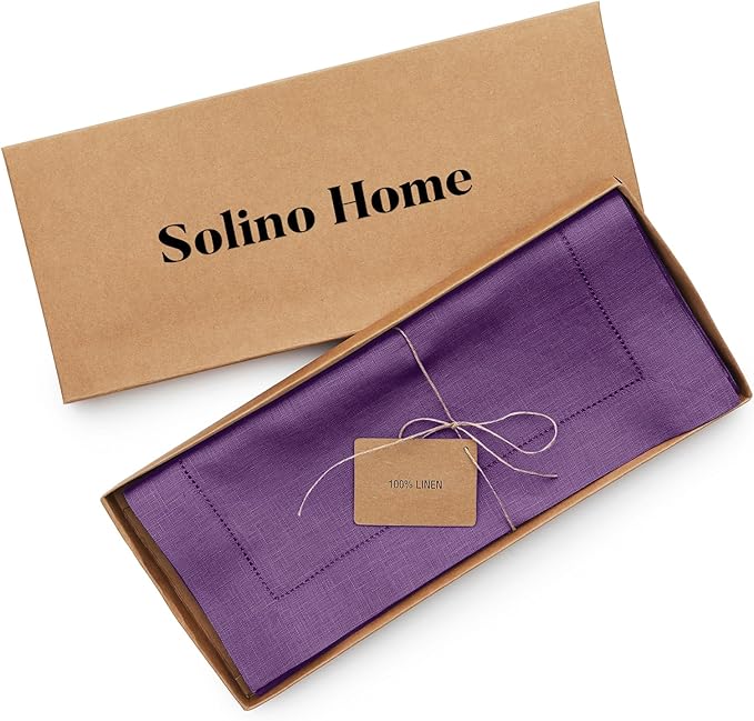 Solino Home Linen Purple Table Runner 132 Inches Long - 100% Pure Linen Extra Long Table Runner 14 x 132 Inch for Valentines, Spring, Easter - Classic Hemstitch