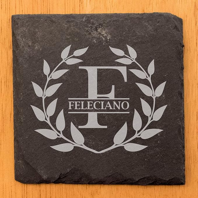 ustic Elegance: Personalized Slate Coasters with Wreath Design - Square Slate - Set of 5