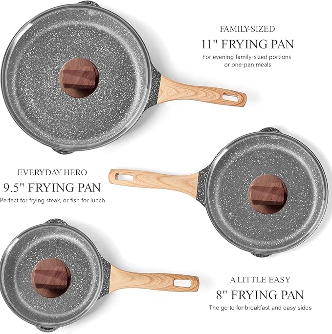 YIIFEEO Non Stick Frying Pan Set with Lids, Granite Skillet Set, Egg Omelette Pans for Cooking Pan Set, No Toxic Kitchen Cookware Set Compatible with All Stovetops (Gas & Induction), PFOA Free, Gift