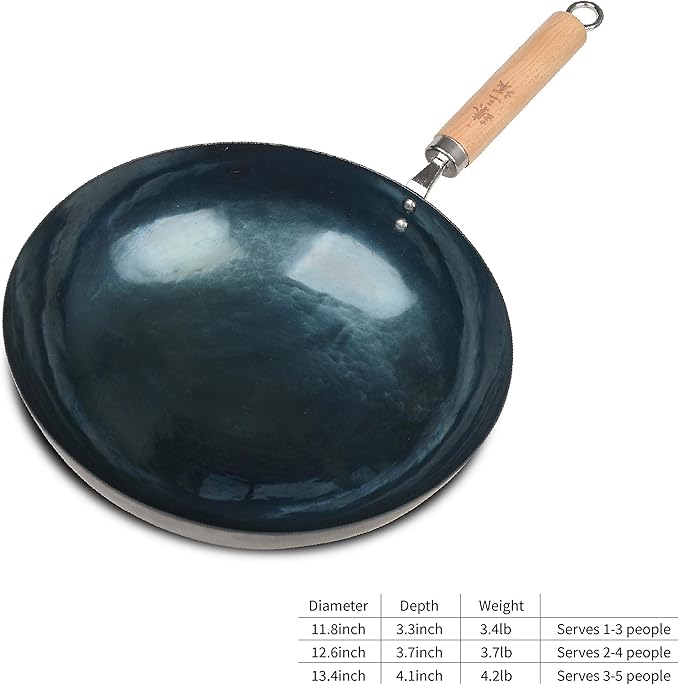 臻三环 ZhenSanHuan Chinese Hand Hammered Iron Pow Woks and Stir Fry Pans Wooden Handle Round Bottom (30CM, Silver-Not Seasoned)