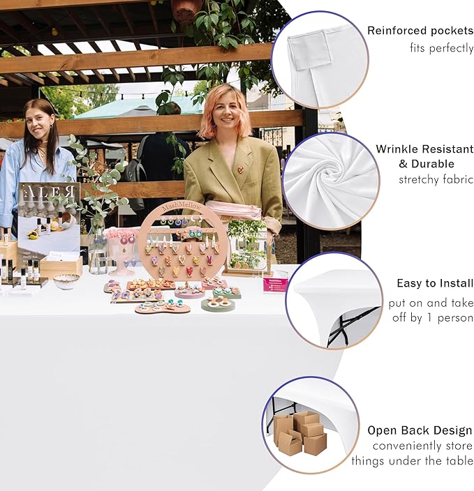 Nasitos 6 Pack White Tablecloth Rectangle for 8 Foot Tables-Open Back Fitted Stretch Spandex Table Covers, Washable Wrinkle-Free Trade Show Table Cover for Parties, Wedding, Banquet, Craft Fair