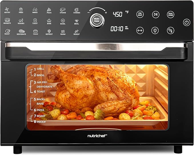 NutriChef 32 Quart Air Fryer & Oven | Digital Airfryer with 20 Presets, Dual Cook, Rotisserie, Bake & More | Multi-Function Convection Countertop Oven | Large Capacity | 18" x 17" x 14 | Black