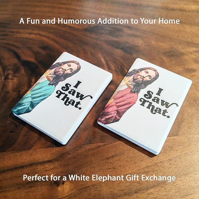 Funny Jesus “I Saw That” Ceramic Magnet, Refrigerator Magnet for Home or Office, Cute Bible Meme Decor, White Elephant Gift Idea, Christmas Gag Magnet, 2 x 2.75 Inch (Red)