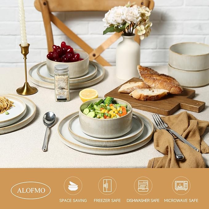 Stoneware Dinnerware Sets for 4, Stoneware Plates and Bowls Set, 12-Piece Ribbed Dishes – Chip & Scratch Resistant, Microwave and Dishwasher Safe Tableware, Warm White