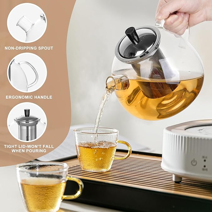 Glass Tea Pot with Infuser for Loose Tea, Microwave Stovetop Safe 1500ml/50oz Loose Leaf Tea Kettle