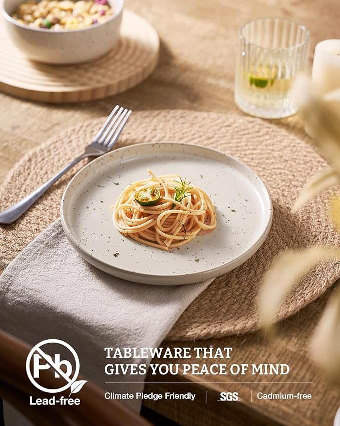 Famiware Meteor Plates and Bowls Sets, 24-Piece Stoneware Dinnerware Sets, Dishes Set for 8, Microwave and Dishwasher Safe Tableware, Creamy White