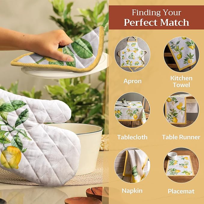 Maison d' Hermine Pot Holders 100% Cotton Heat Resistant Potholders 8" x 8" Hot Pads with Loop BBQ, Cooking, Baking, Grilling, Kitchen, Handling Hot Pans Spring/Summer (Pack of 1, Limoncello)