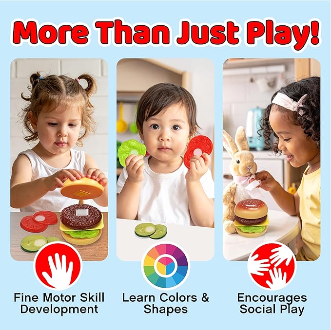 Small World Toys Build-A-Burger Play Food Set – Pretend Play Food Set for Kids – Toy Kitchen Accessories Pretend Food Burger Toy Hamburger – Birthday Gift for Kids 3+