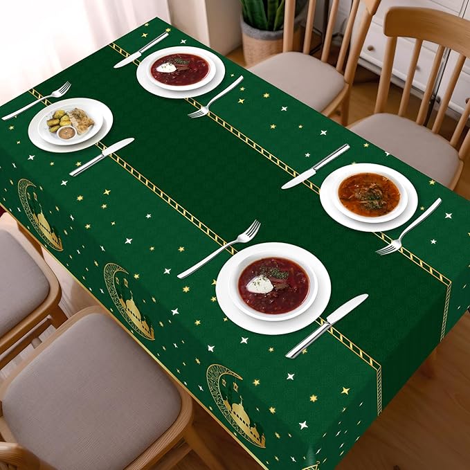 Childom 3 Pack Ramadan Mubarak Tablecloths for Eid Mubarak Decorations,54" x 108" Plastic Disposable Ramadan Kareem Table Cloth,Green Eid al-Fitr Table Covers for Rectangle Tables,Dinner,Party Favors