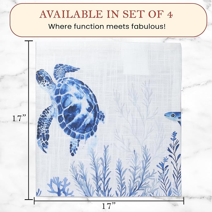 Vintage Vista Cotton Cloth Napkins Set of 4 (17" x 17") - Digital Printed Table Napkins Cloth Washable & Reusable for Everyday Use, Christmas, Thanksgiving, Halloween & More - (Blue Turtle)