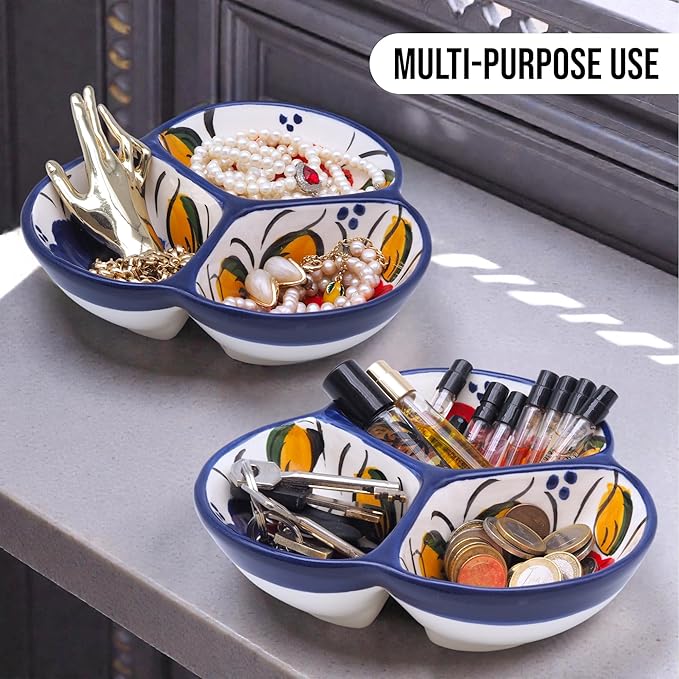 Ceramic Chip & Dip Bowl 7.5”, 3-Compartment Divided Serving Dish & Condiment Tray for Appetizers – Handmade in Spain, Lead-Free Glaze, Microwave, Oven & Dishwasher Safe