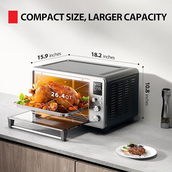 TOSHIBA ChefFry Air Fryer Toaster Oven Combo, 26.4 QT Large Capacity, 12-in-1 Countertop Toaster Oven, Stainless Steel