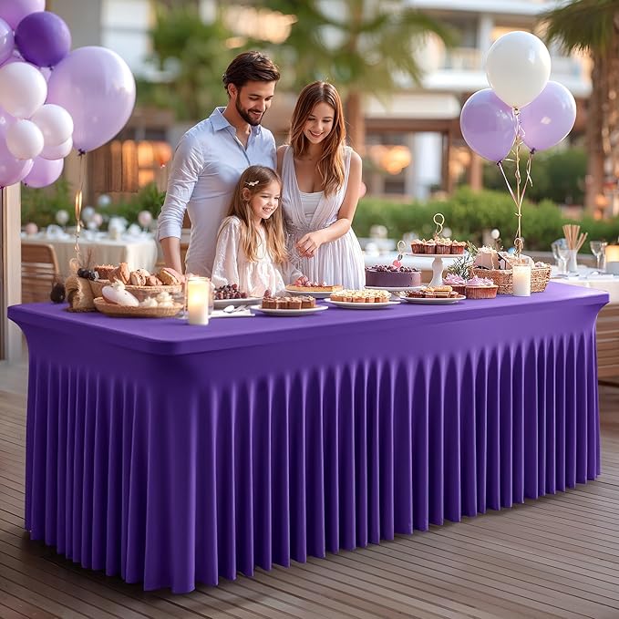 2 Packs Purple Spandex Table Covers 6 Foot, Fitted Stretch Table Cloth with Skirts 72x30 Inch, Wrinkle-Free Floor Length Rectangle Tablecloths for Trade Show Weddings Parties Banquets Events