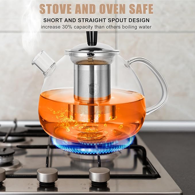 Glass Tea Pot with Infuser for Loose Tea, Microwave Stovetop Safe 1500ml/50oz Loose Leaf Tea Kettle