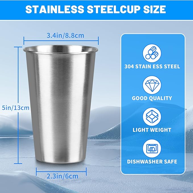 16Pack 16 oz Stainless Steel Pint Cups,Stainless Steel Cup,Pint Cup Tumbler，water Tumbler,Stackable,Reusable,BPA Free, (16)