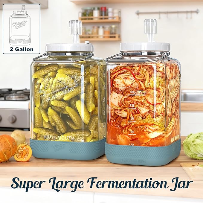 2 Pack Large Fermentation Jars with Airlock, 2 Gallon Glass Jar with Airtight Lid-Wide Mouth Mason Jar with Handle & Non-slip Base for Mead Making & Kombucha, Pickle Jar, Kimchi Containers