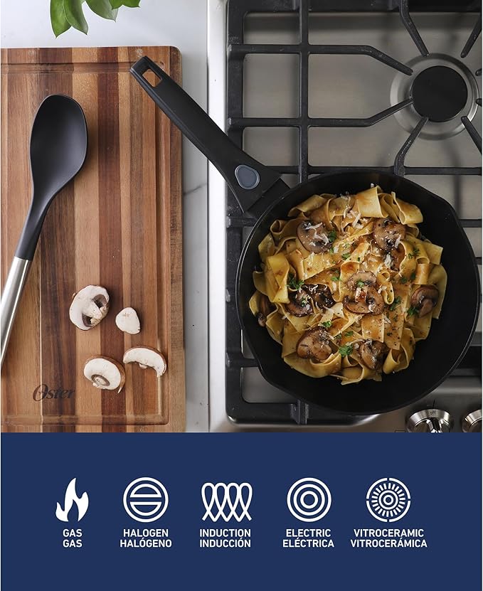Oster SmartHandle Advance 13-Piece Nonstick Cookware Set – Matte Black Finish, Induction Base, Detachable Handles, Forged Aluminum, Oven & Dishwasher Safe, With Utensils & Pan Protectors