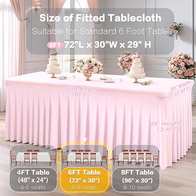2 Packs Baby Pink Spandex Tableclothes for 6 Foot Rectangle Table, Spandex Table Covers 6FT Stretch Table Skirts Rectangle Tables Wrinkle Free Fitted Tablecover for Event, Wedding, Banquet & Parties