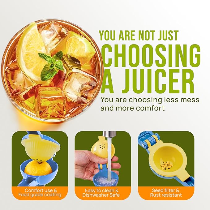 Zulay Kitchen Metal 2-in-1 Lemon Squeezer - Sturdy Max Extraction Hand Juicer Lemon Squeezer Gets Every Last Drop - Easy to Clean Manual Citrus Juicer - Easy-Use Lemon Juicer Squeezer - Blue/Yellow