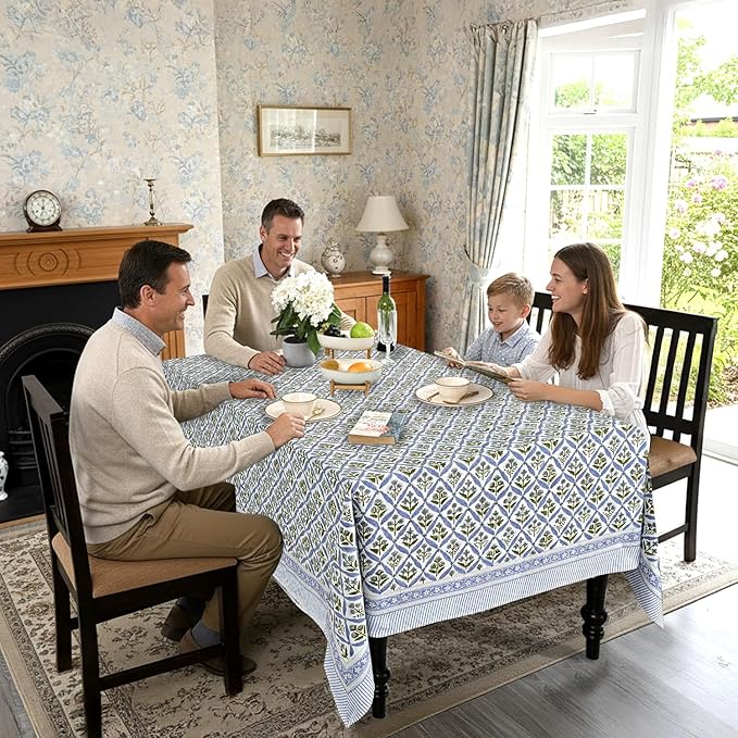 Ridhi Hand Block Print Light Steel Blue Rectangle Cotton Tablecloth 108" x 70" Reusable Table Cover Decorative Everyday Use for Dining, Farmhouse, Home Gift for Spring, Easter, Valentine