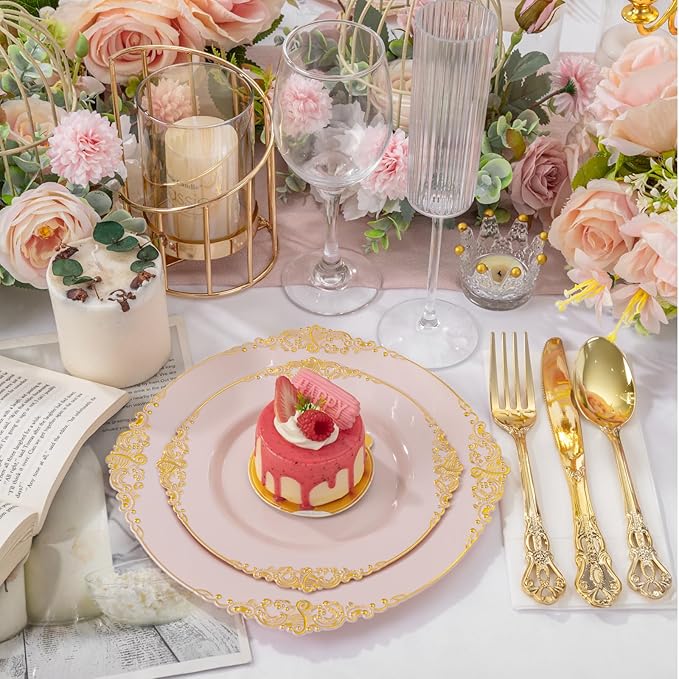 200PCS Pink and Gold Plates - Pink Plastic Plates - Fancy Disposable Plate with Gold Rim - Vintage Wedding Dinner & Dessert Plate for 100 Guests for Wedding & Valentine's Day & Bridal Shower