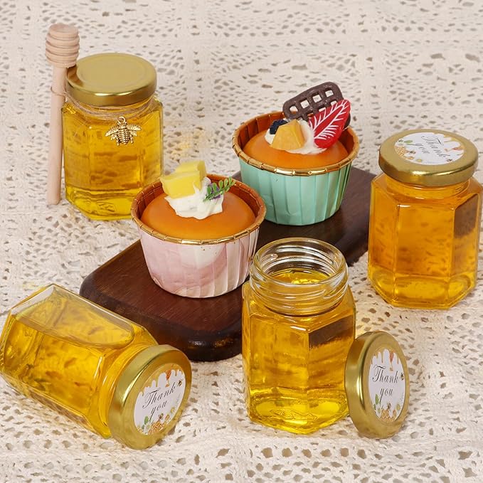 BIGIVACA 4 oz Hexagon Mini Glass Honey Jars with Wood Dippers,30 Pack Small Honey Jars with Gold Lids,Bee Pendants,Jutes,35 Bee Stickers,Perfect for Baby Shower,Wedding Favors,Party Favors