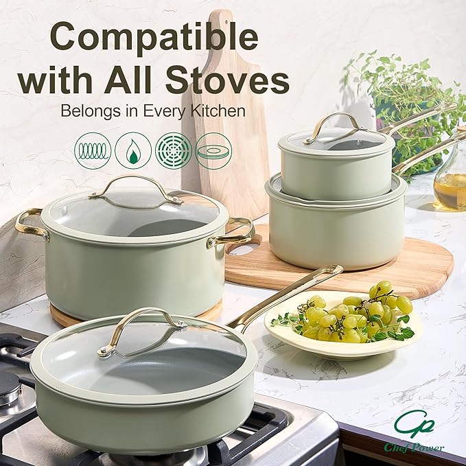 Chef Power Ceramic Cookware Sets, 10Pcs Pots and Pans Set Non Stick, Cookware Set with Stainless Steel Handle, Dishwasher & Oven Safe, Sage Green and Granite Grey