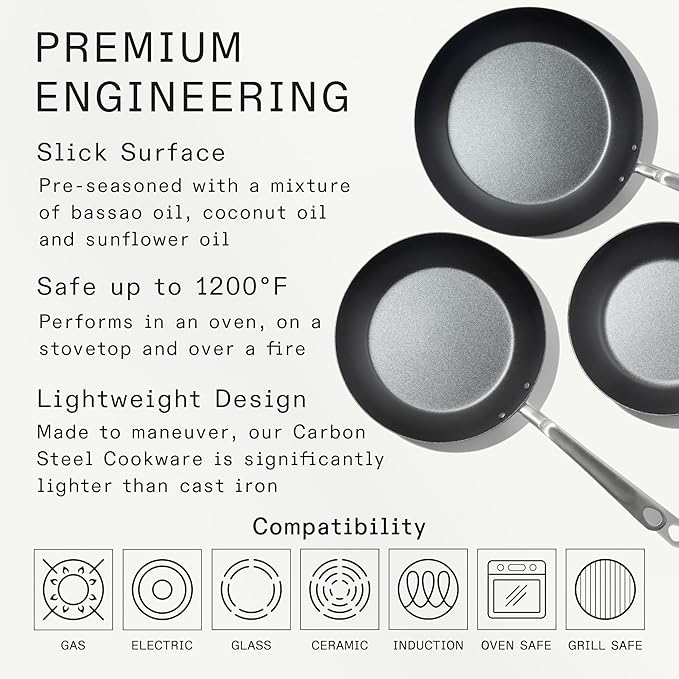 Made In Cookware - 3 Piece (Includes 8",10",12") Seasoned Blue Carbon Steel Frying Pan - (Like Cast Iron, but Better) - Professional Cookware - Crafted in Sweden - Induction Compatible