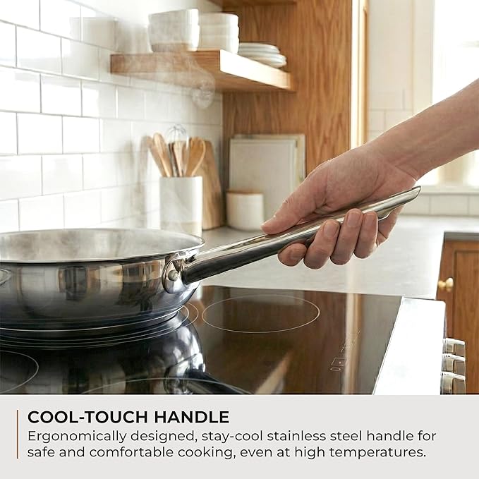 Sunhouse 8 Inch Tri-Ply Stainless Steel Frying Pan, Whole-Clad No Coatings Skillet with Stay-cool Handle for Cooking, Durable & Oven Safe to 500°F, Dishwasher Safe, Compatible with All Cooktops