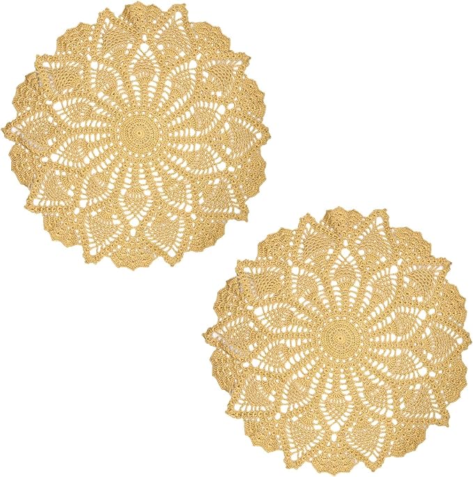 BIBITIME Lace Tablecloth Doily Handmade Crochet Placemat Women Vase Mat Kitchen Table Runner (2PCS- 18 in to 20 in, Champagne)