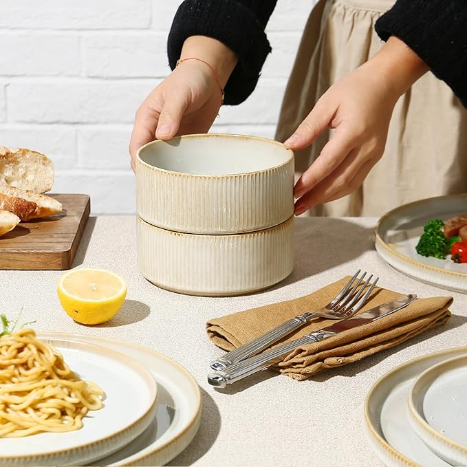 MONITO 12PCS Stoneware Plates and Bowls Sets, Ceramic Dinnerware Sets for 4, Reactive Glaze Dish Set, Chip and Scratch Resistant Double, Microwave and Dishwasher Safe, Beige