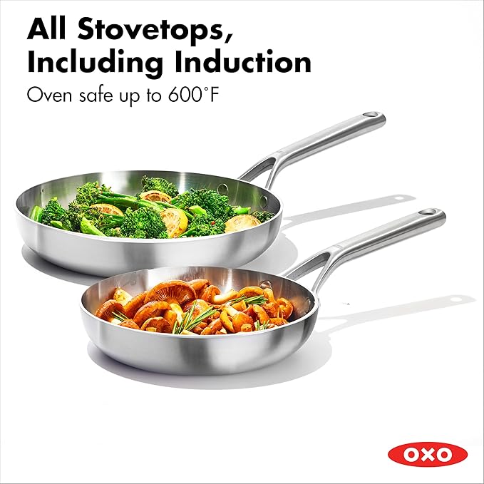 OXO Mira Tri-Ply Stainless Steel, 8" and 10" Frying Pan Skillet Set, Induction, Multi Clad, Dishwasher and Metal Utensil Safe,Black