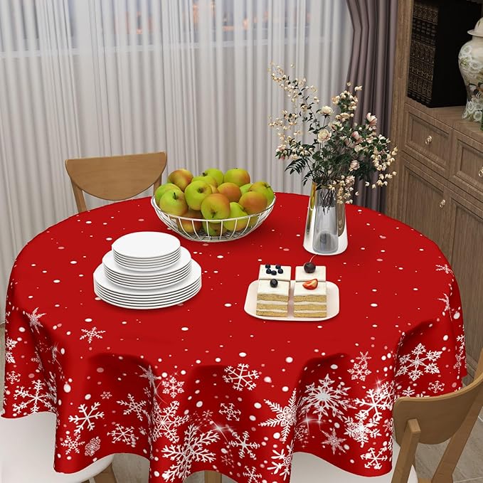 Red Christmas Snowflake Tablecloth Round 60 Inch Xmas Holiday Theme Circle Table Cloth Winter Decorative Table Cover for Kitchen Dinner Home Decor
