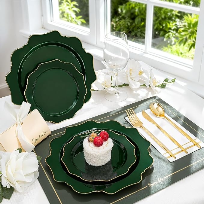 WDF 175Pcs Green Plastic Plates - Green Plates Disposable with Gold Rim - Christmas Plastic Plate - Fancy Disposable Dinnerware Sets 25 Guests Ideal for Party/Wedding/Birthday/St.Patrick's Day