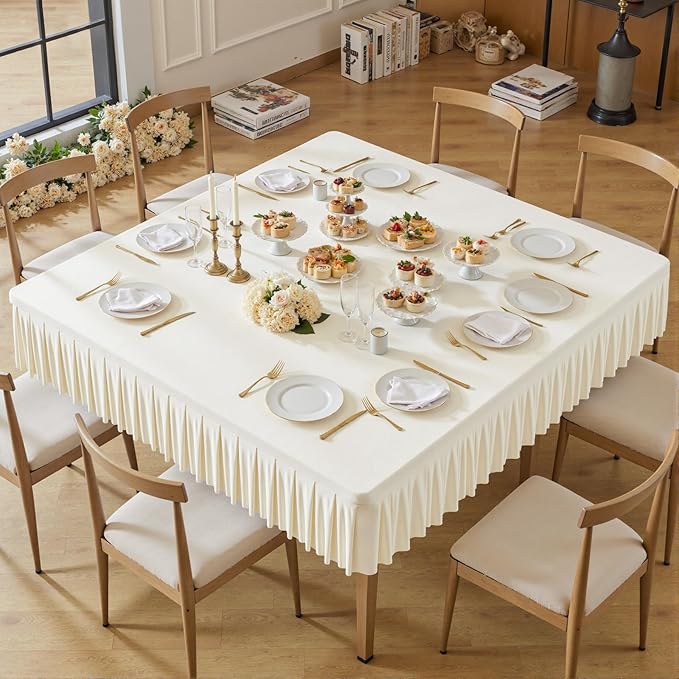 Wish Care Ivory Spandex Tablecloths for 60x60 Inch Square Tables, Stretch Fitted Table Clothes with Pleated Ruffle Skirt for 60” Table, Wrinkle Free and Elastic, for Party Kitchen Home Dining