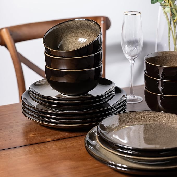 LeRatio Ceramic Dinnerware Sets for 6,Stoneware Plates and Bowls Sets,Handmade Reactive Glaze Dishes Set,Chip Resistant and Scratch Resistant | Oven&Dishwasher & Microwave Safe-Chestnut(18PCS)