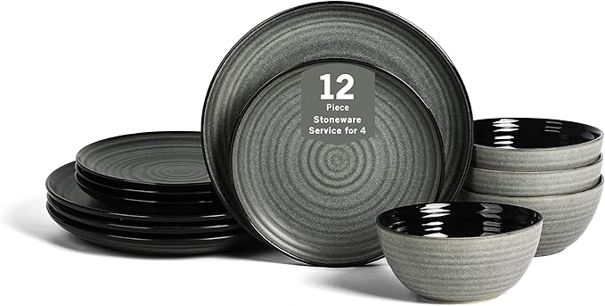 Stone Lain Dua 12-Piece Dinnerware - Stoneware, Plate and Bowls, Dishwasher and Microwave Safe, Dish Set for 4, Black