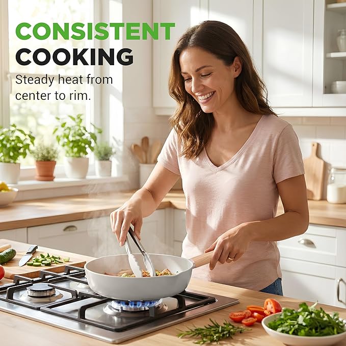 NutriChef 14-Piece pots and pans Set Ceramic Cookware Set - Induction Safe Pots and Pans with Glass Lids, Cool-Touch Handles, Dishwasher Safe, Includes Ladle, Tongs, Spatula, White