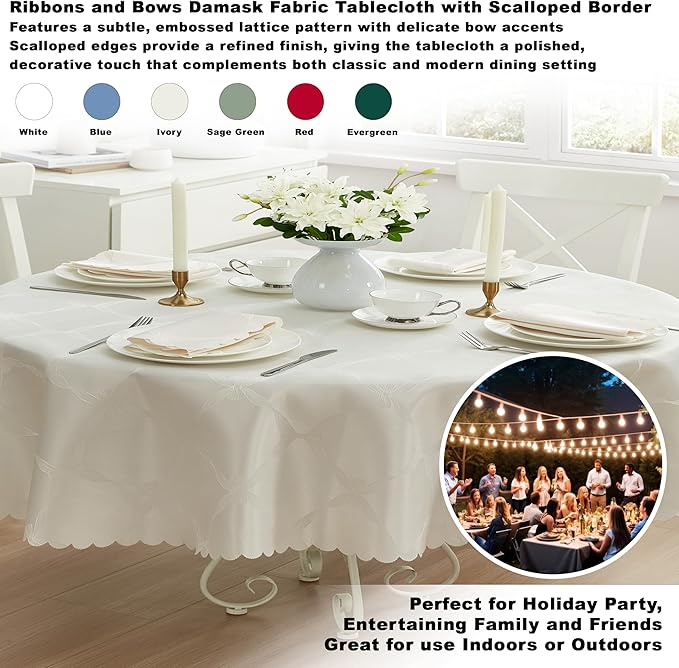 Newbridge Ribbons and Bows Damask Spring & Easter Holiday Fabric Tablecloth, Ivory, 60 x 84 Inch Oval, Wrinkle & Stain Resistant Table Cover