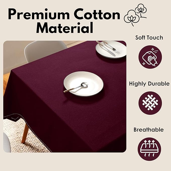 Tablecloth 52"x70" Farmhouse Table Cover 100% Cotton Decorative Washable Rectangle Table Cloths for Gifts, Kitchen, Dining, BBQ, Buffet & Camping - Maroon