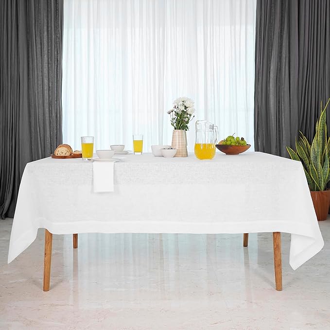D'Moksha Homes White Linen Tablecloth 60 x 144 Inch - 100% Pure Linen Table Cloth for Rectangle Tables - Machine Washable Tablecloth for Valentines, Spring, Easter