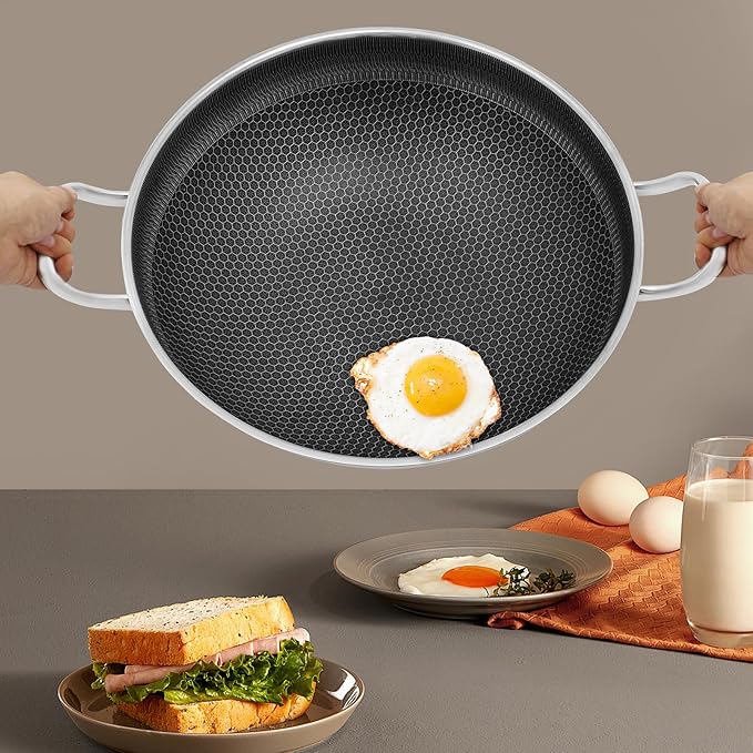 Wok Pan,Hybrid Wok with Lid,Non Stick Stainless Steel Woks & Stir-fry Pans Nonstick Frying Pan Dishwasher and Oven Safe, Works on Induction (14 inch)