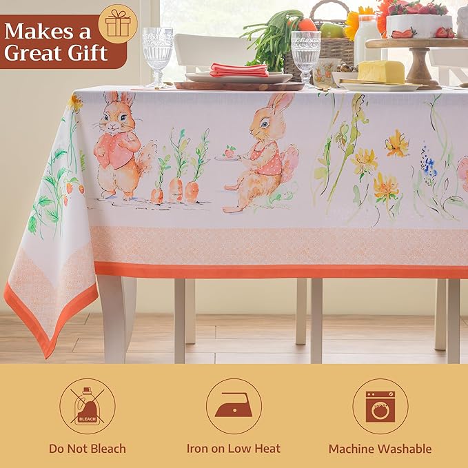 Maison d' Hermine Table Cloth Rectangle Table 100% Cotton 60 x 108 Inches Tablecloth Reusable Decorative for Dining Room Farmhouse Home Valentines Day Decorations Spring Summer - Bunny Party