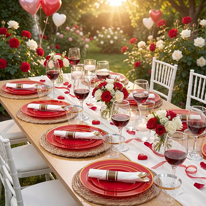 350Pieces Red Plastic Plates with Gold Rim Include 50Dinner Plate 10”, 50Dessert Plate 7”, 50 gold Cups 9 OZ, 50 Pre Rolled Napkins for Party Valentine's Day