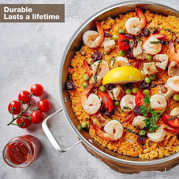 Stainless Steel Paella Pan with Lid - 14.5" Tri-Ply 18/10 Deep Paella Pan for 12, PFOA-Free, Fast Heating & Oven Safe 550°F, All Stovetops & Outdoor Skillet